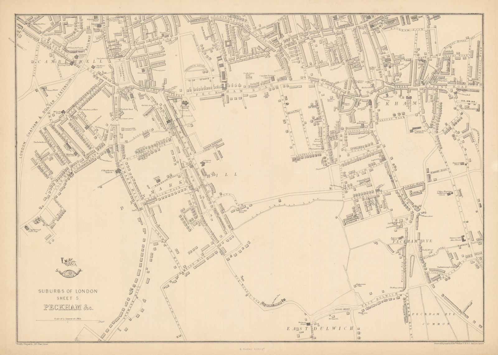 SOUTH LONDON. Peckham/Rye East Dulwich Camberwell Denmark Hill. WELLER 1863 map